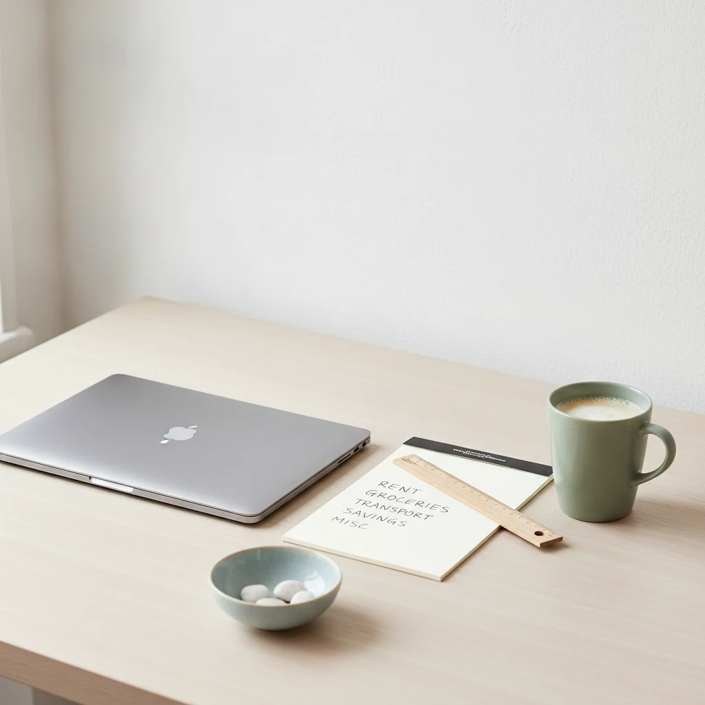 Budget notebook and calculator on a Scandinavian desk
