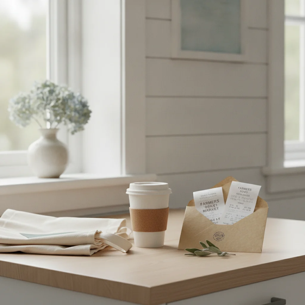 Reusable coffee cup and market receipts on a kitchen counter