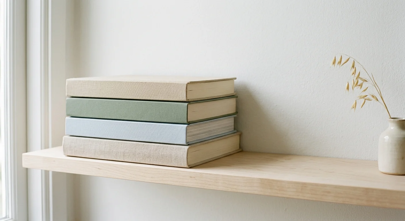 Curated stack of personal finance books on a birch shelf