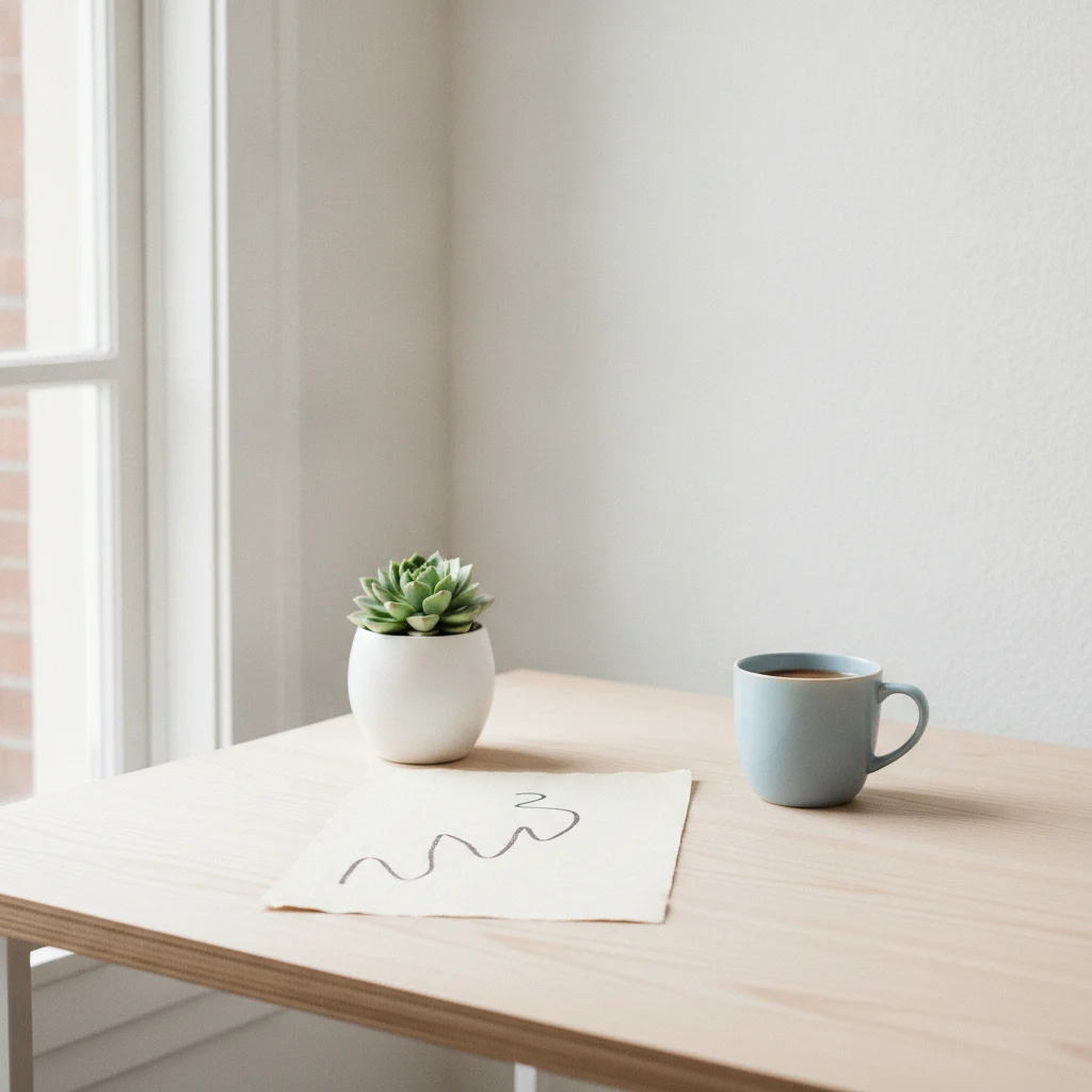 Small plant beside a simple growth sketch on cream paper